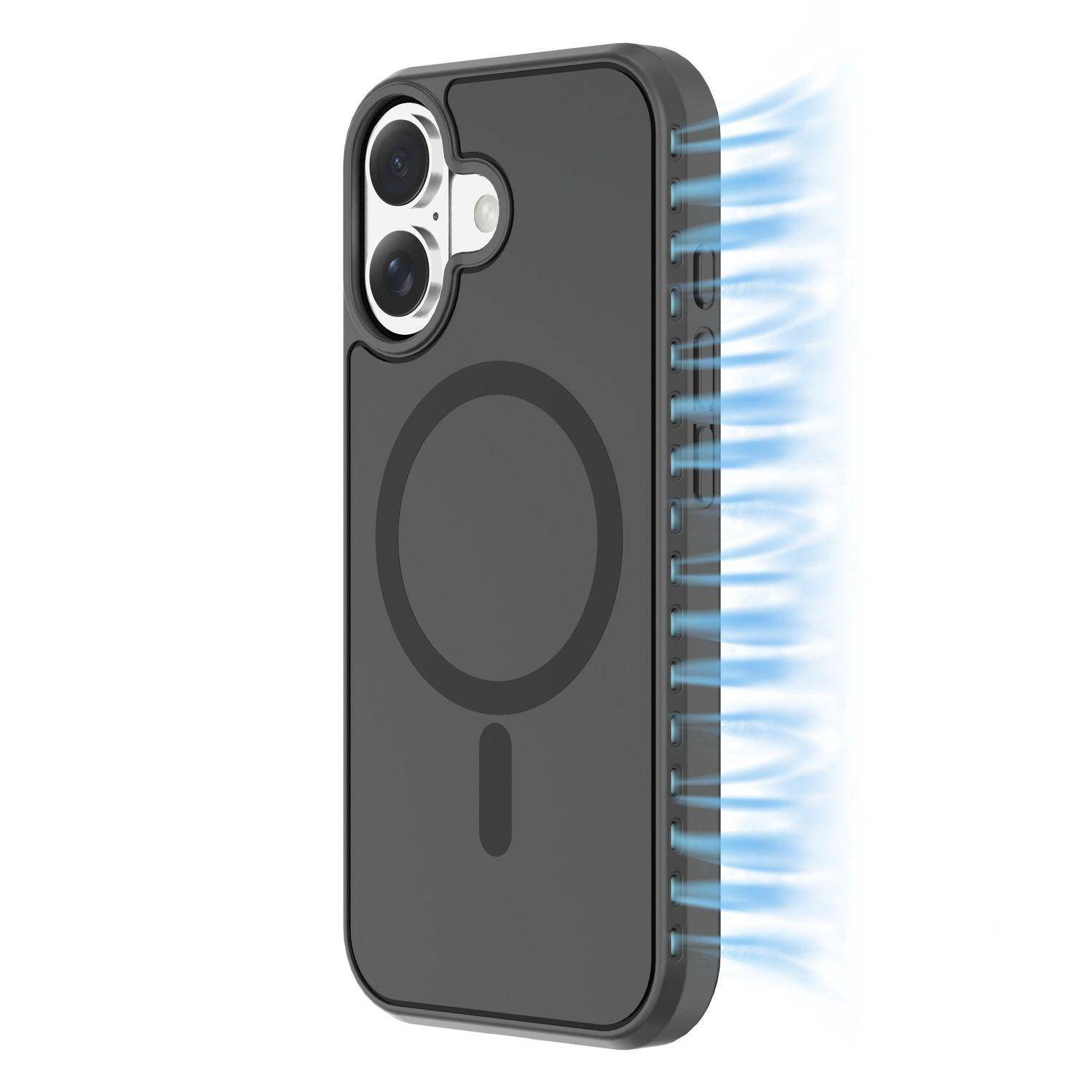 Schwarze iPhone-Hülle mit MagSafe-Ring und seitlichen Lüftungsöffnungen, die blaue Luftströmung ausstrahlen und ein Kühlungs- oder Wärmeableitungsdesign zeigen.