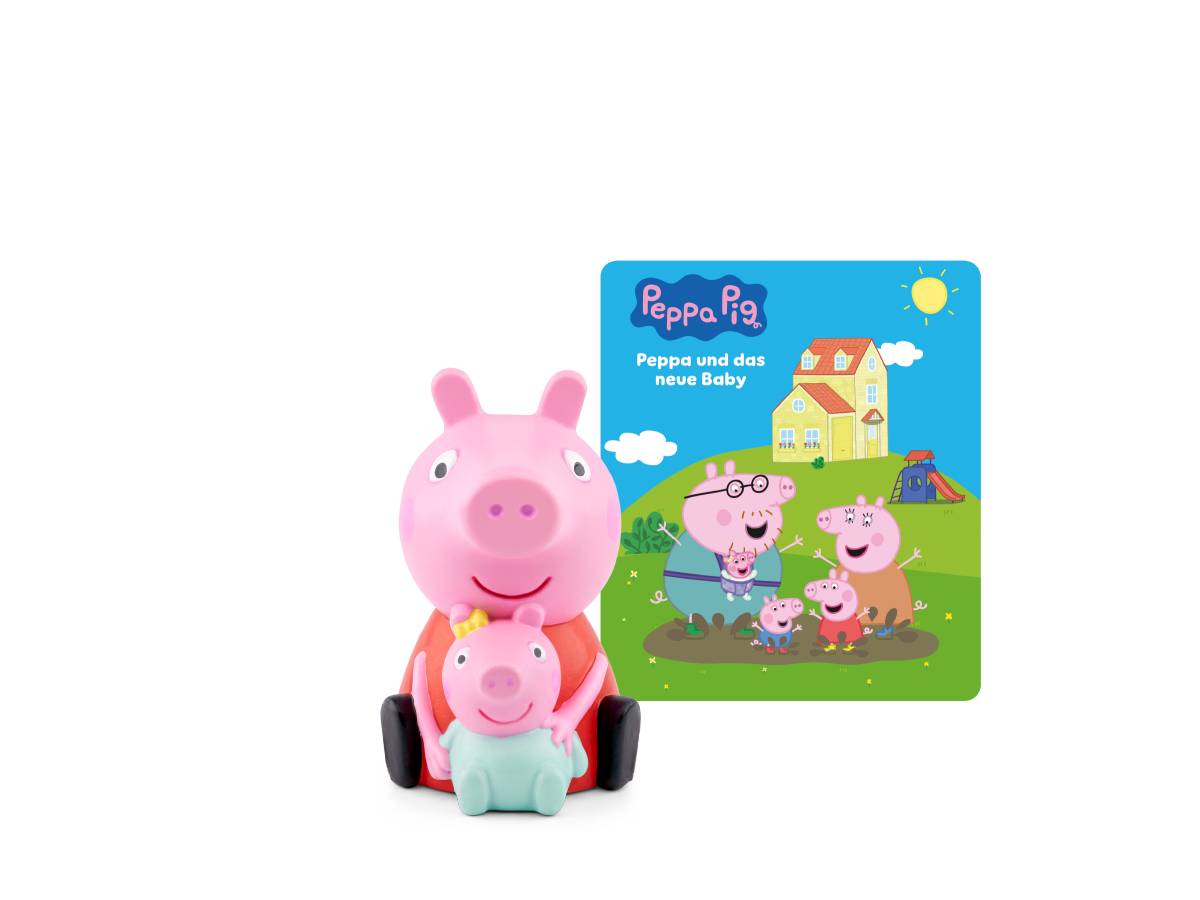 Peppa Pig Spielzeug mit Baby Peppa vor einem Buchcover „Peppa und das neue Baby