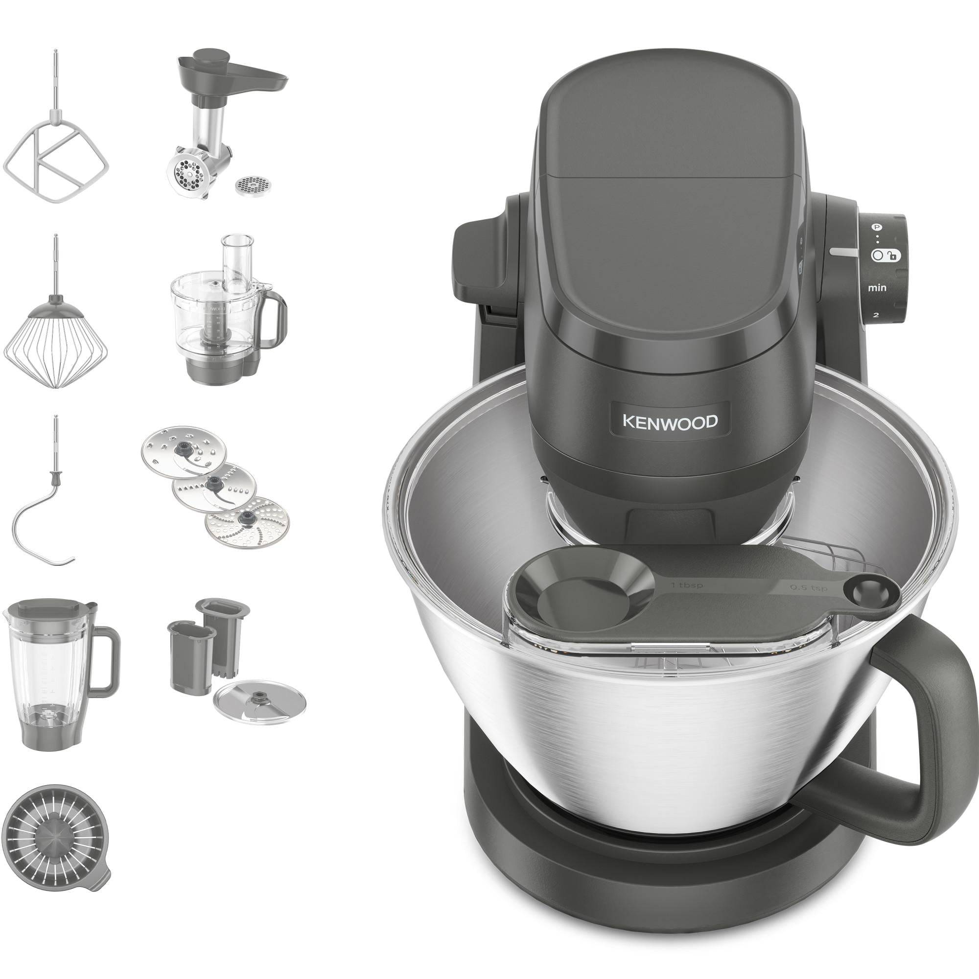Kenwood-Küchenmaschine mit großer Schüssel und beiliegendem Zubehörset; Seitensymbole zeigen Schneebesen, Rührbesen, Knethaken, Mixer, Mühle und Küchenmaschinen-Aufsätze.