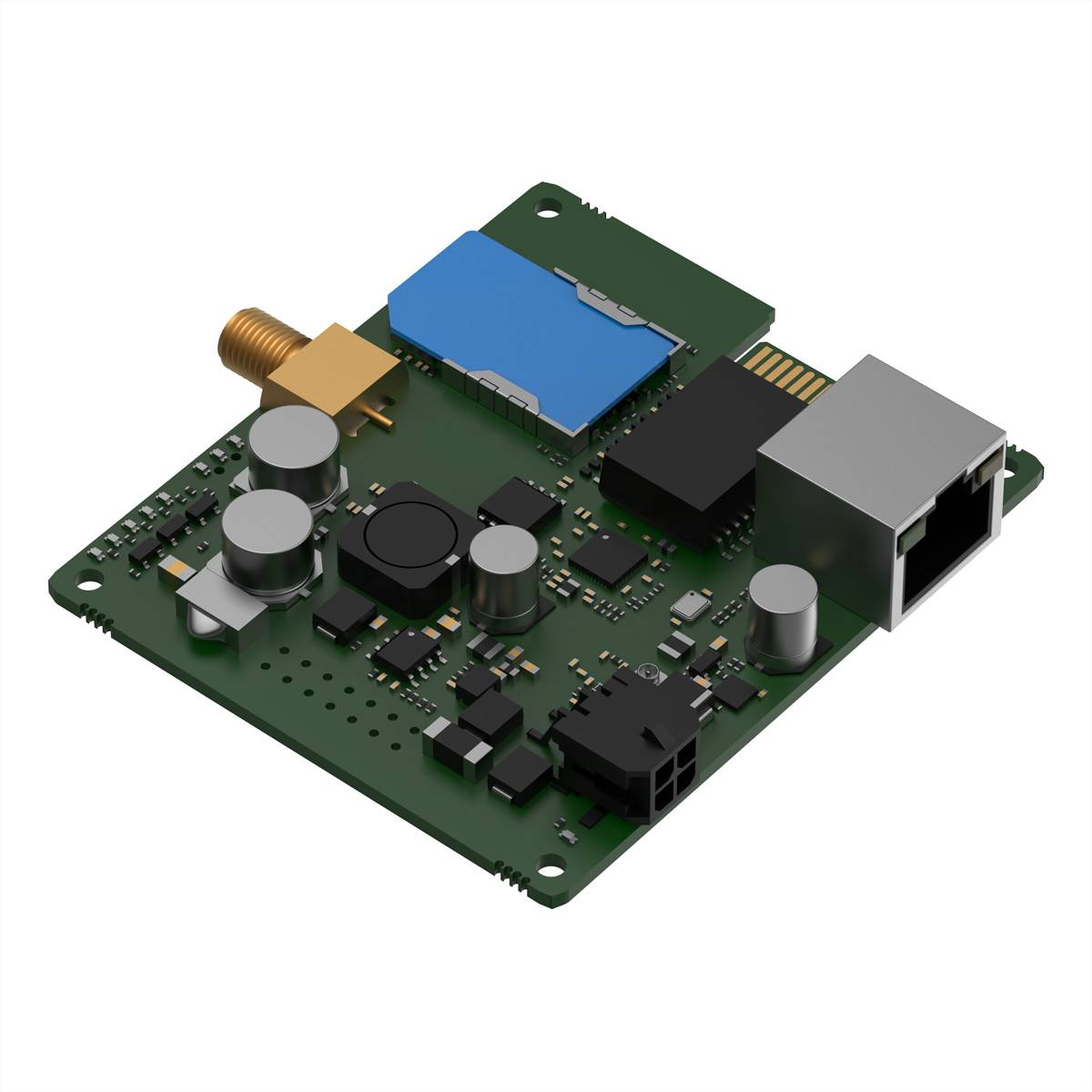 Grüne Leiterplatte mit Ethernet-Anschluss, Antennenstecker und mehreren elektronischen Komponenten, dargestellt auf weißem Hintergrund.