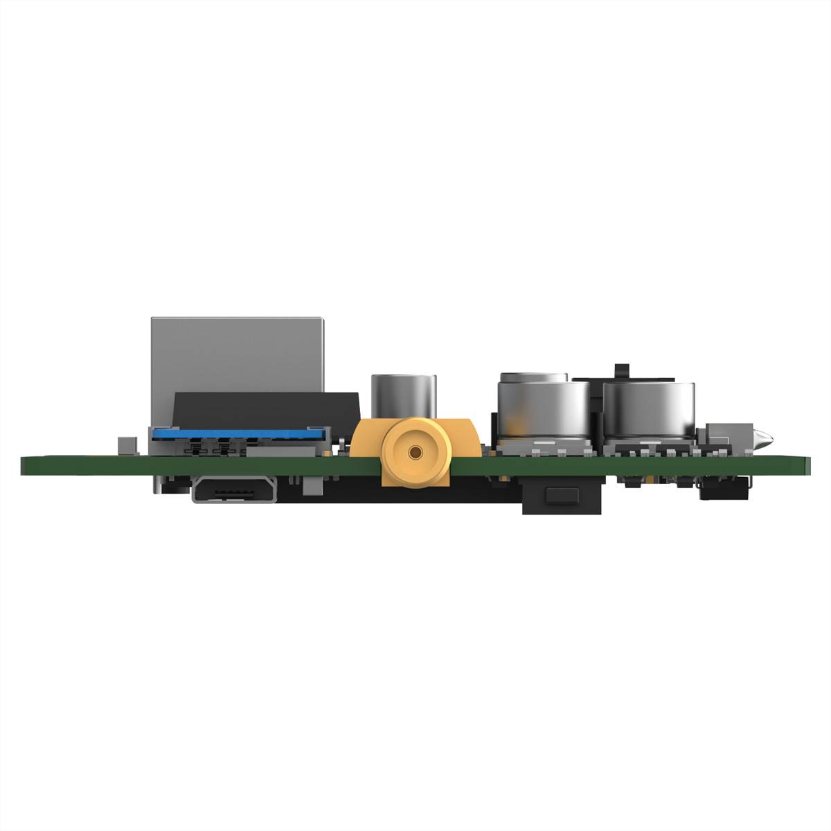 Seitenansicht einer Computerplatine mit montierten Komponenten, einschließlich eines großen Chips, Steckverbinder, Anschlüsse und Metallmodule.