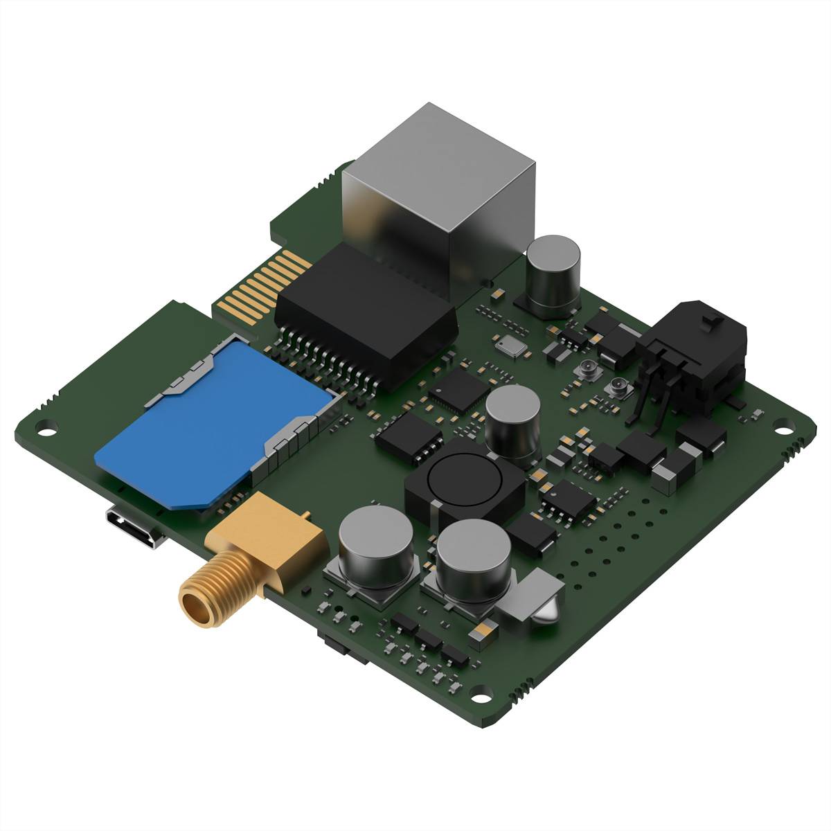 3D-gerendertes Leiterplatte mit blauem SD-Kartensteckplatz, vergoldetem Antennenstecker und mehreren elektronischen Komponenten auf einer grünen Platine.