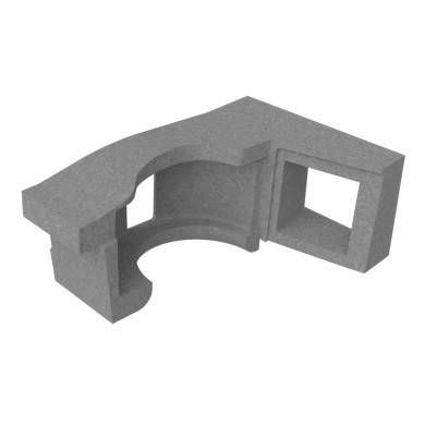 Graue 3D-Mechanikhalterung mit einer gekrümmten inneren Aussparung und einer quadratischen Öffnung auf der rechten Seite, dargestellt auf weißem Hintergrund.