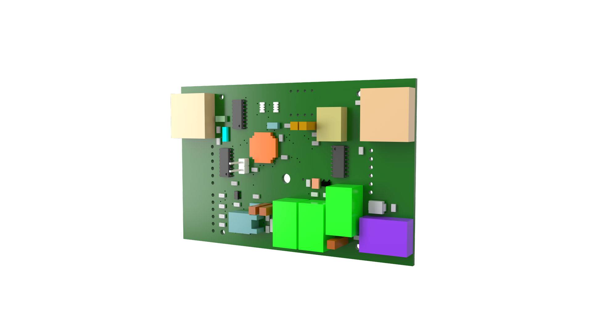 3D-Rendering einer grünen Leiterplatte mit verschiedenen elektronischen Komponenten, einschließlich farbiger Blöcke und Chips, auf weißem Hintergrund dargestellt.
