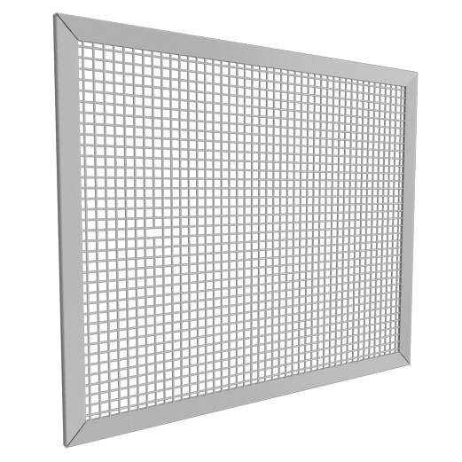 Ein quadratischer grauer Metallgitterscreen mit feinem Raster und abgeschrägtem Rahmen, dargestellt auf weißem Hintergrund.