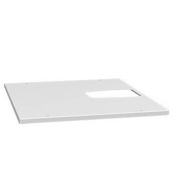 Weißes rechteckiges Metallpanel mit einer großen rechteckigen Aussparung in der Nähe einer Ecke, gezeigt auf einem einfachen Hintergrund.