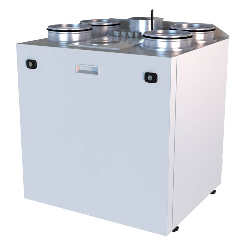 Weiße Industriebox mit vier kreisförmigen Lüftungsöffnungen/Lüftern auf der Oberseite und einer ebenen Frontplatte mit zwei kleinen Griffen.