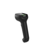 Tragbarer schwarzer Barcode-Scanner auf weißem Hintergrund, shown in Seitenansicht.