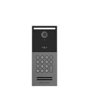 Wandmontiertes Video-Türsprechanlage mit Kamera, Lautsprecher und numerischer Tastatur auf einem grauen Panel.