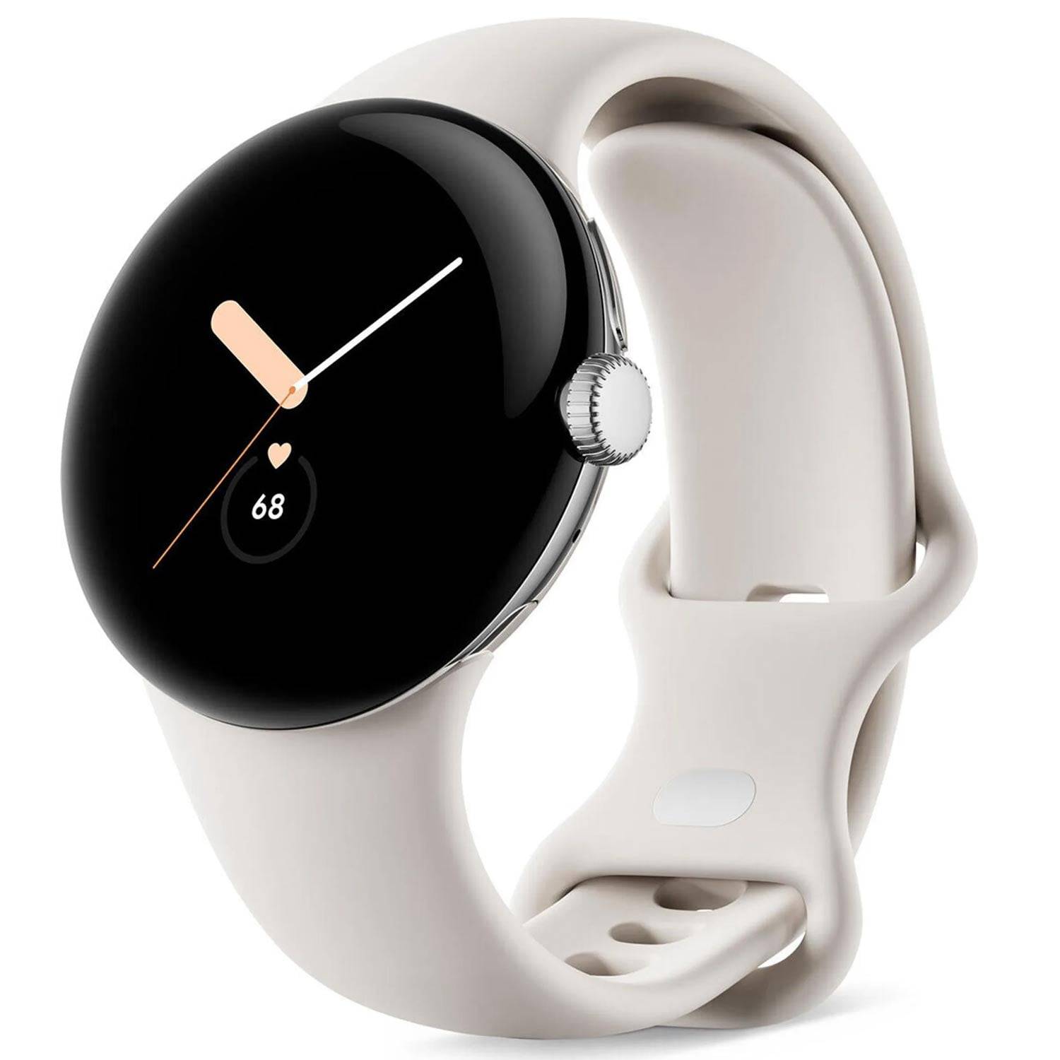 Weiße runde Smartwatch mit schwarzem analogem Zifferblatt, das ein Herzsymbol und die Zahl 68 anzeigt, auf einem hellen Silikonarmband vor weißem Hintergrund.