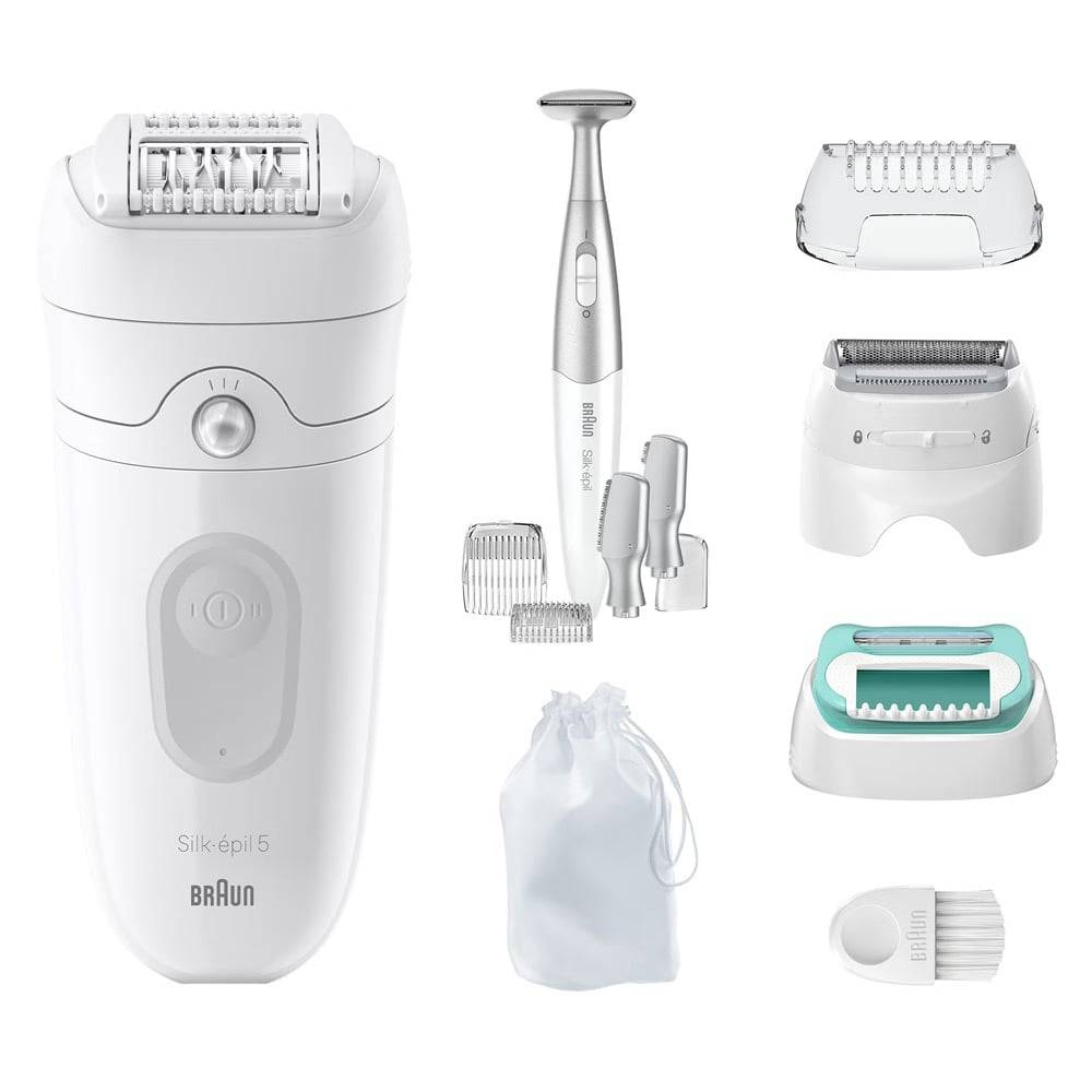 Braun Silk-épil 5 Haarentfernungsset mit Epiliergerät, Rasierergriff, mehreren Aufsatzköpfen, Reinigungsbürste und Aufbewahrungstasche auf weißem Hintergrund.