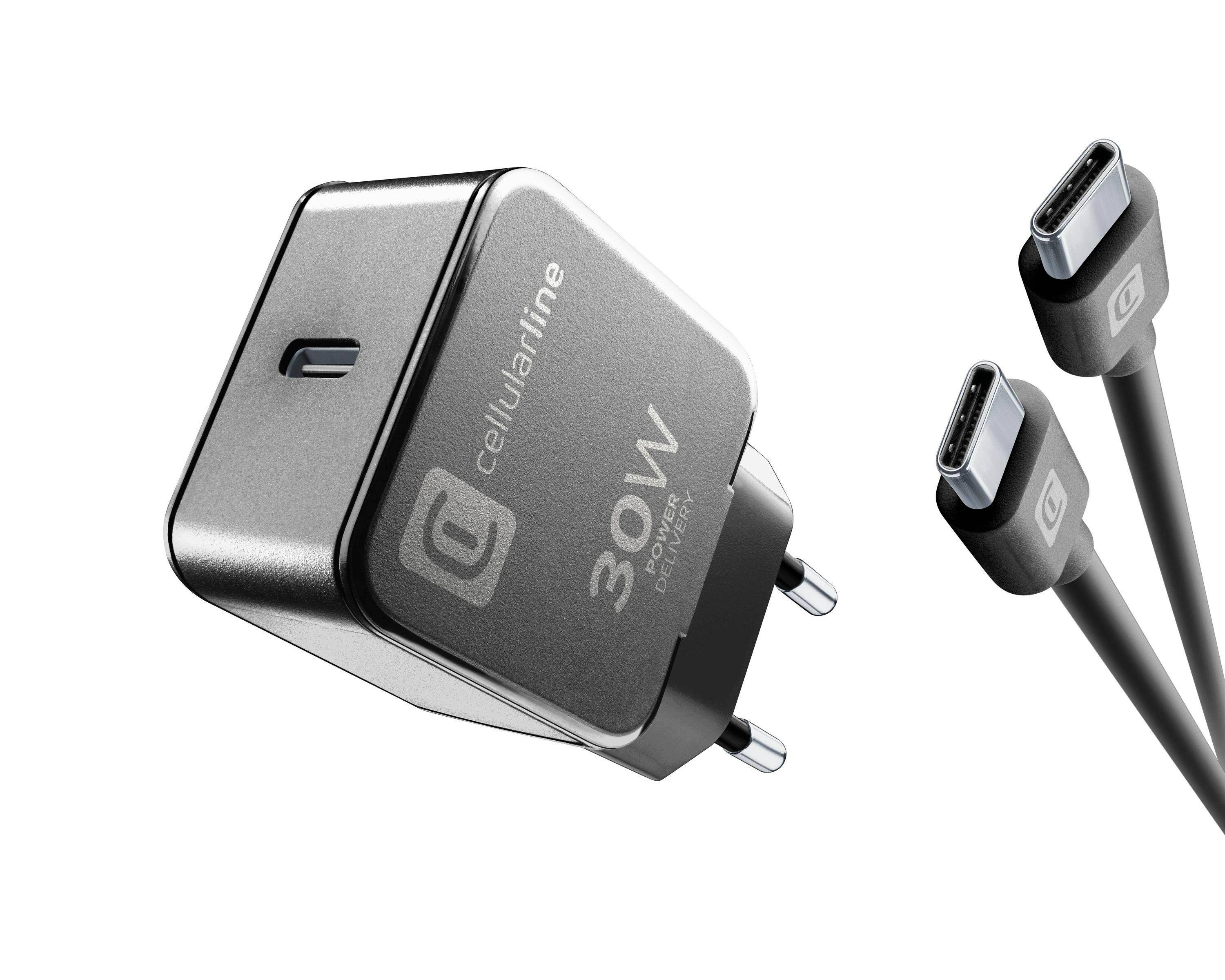 Ein grauer 30W Cellurline Wandladegerät mit zwei runden Stiften und zwei USB-C-Kabeln auf weißem Hintergrund.