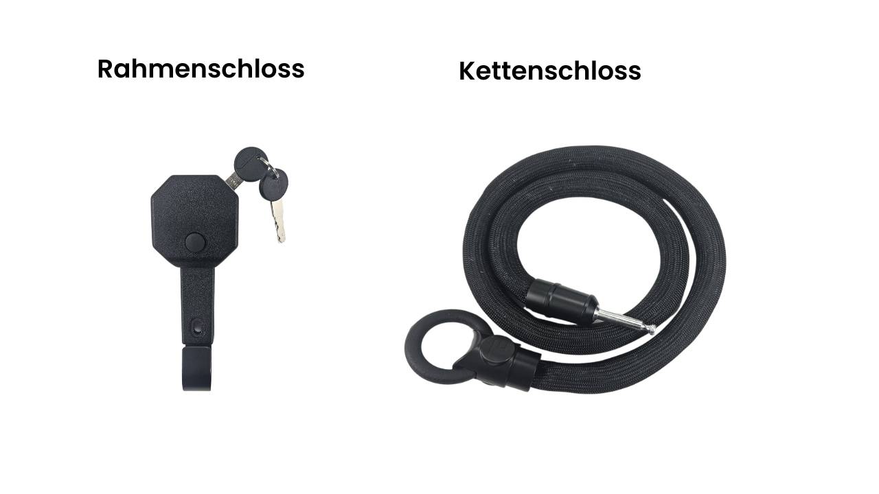 Nebeneinander angeordnete Produktbilder, die ein Rahmenschloss und ein Kettenschloss vergleichen, wobei Schlüssel in der Nähe des Rahmenschlosses gezeigt werden.