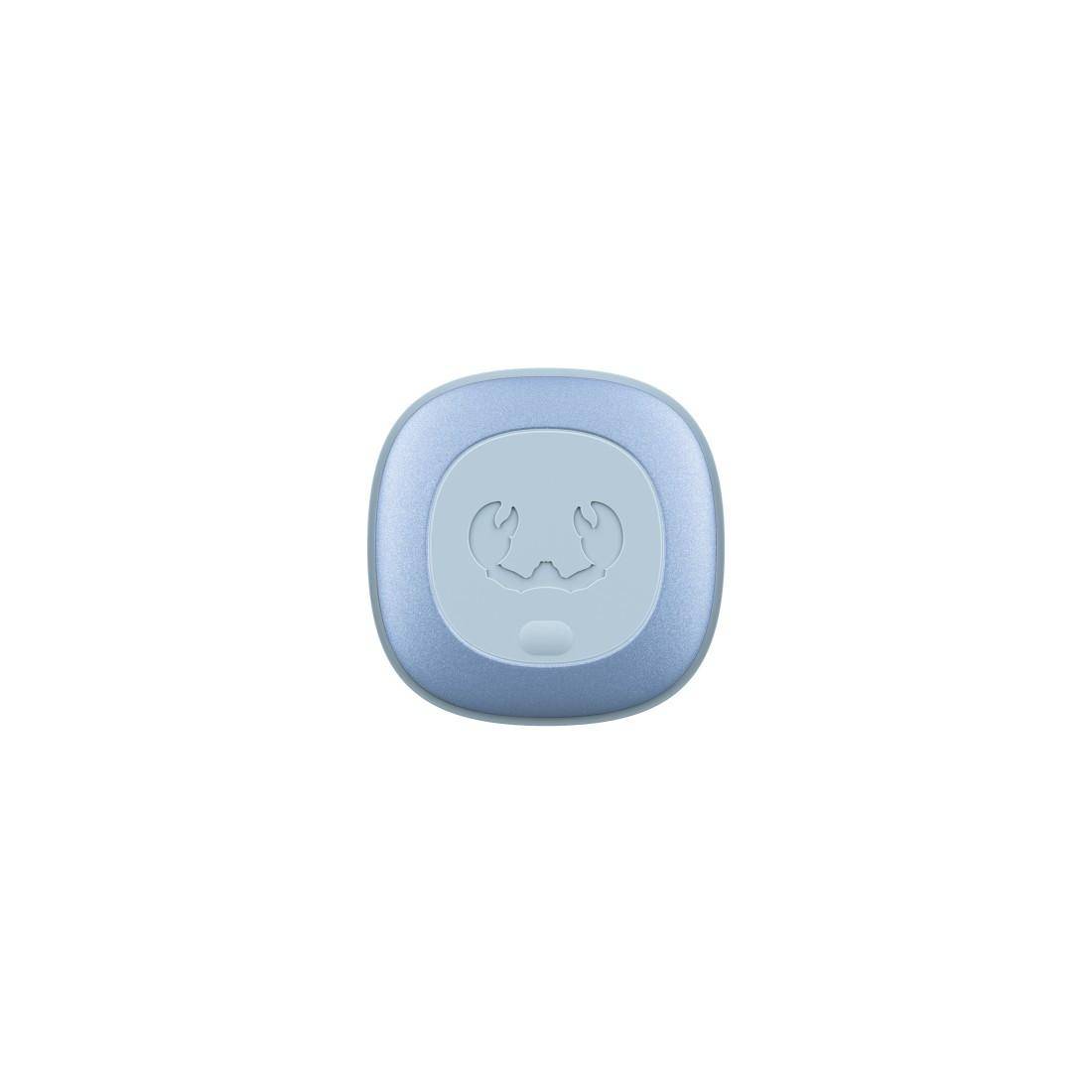 Ein kleines blaues Symbol mit abgerundeten Ecken und einem leicht erhabenen gesichtsähnlichen Symbol in der Mitte auf weißem Hintergrund.