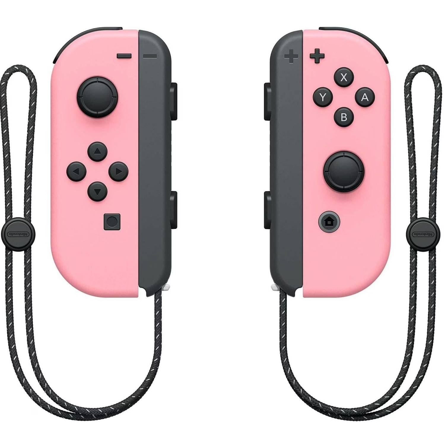 Zwei rosa Nintendo Switch Joy-Con Controller mit Handgelenkschlaufen, Vorder- und Rückseite nebeneinander gezeigt, auf weißem Hintergrund.