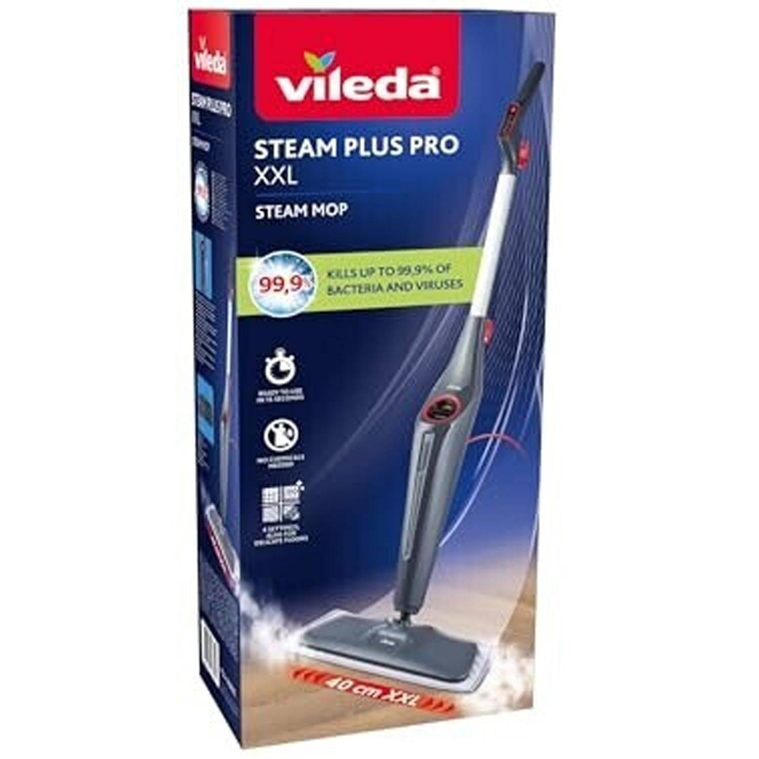 Packung des Vileda Steam Plus Pro XXL Dampfreinigers mit Produktabbildung und der Aussage, dass es bis zu 99,9% der Bakterien und Viren abtötet.
