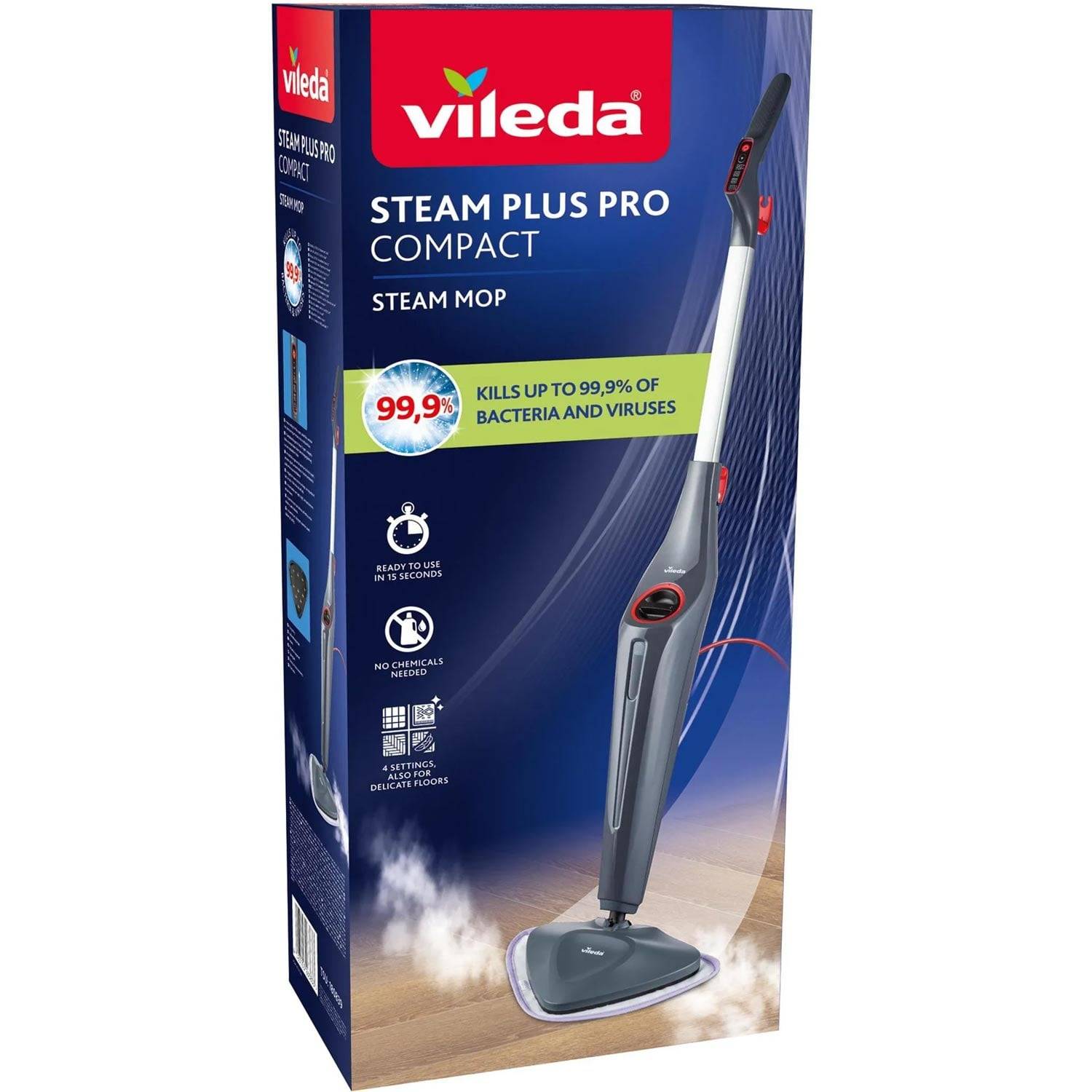 Vileda Steam Plus Pro Compact Dampfmopp-Karton, zeigt den Mopp und behauptet „tötet bis zu 99,9% der Bakterien und Viren