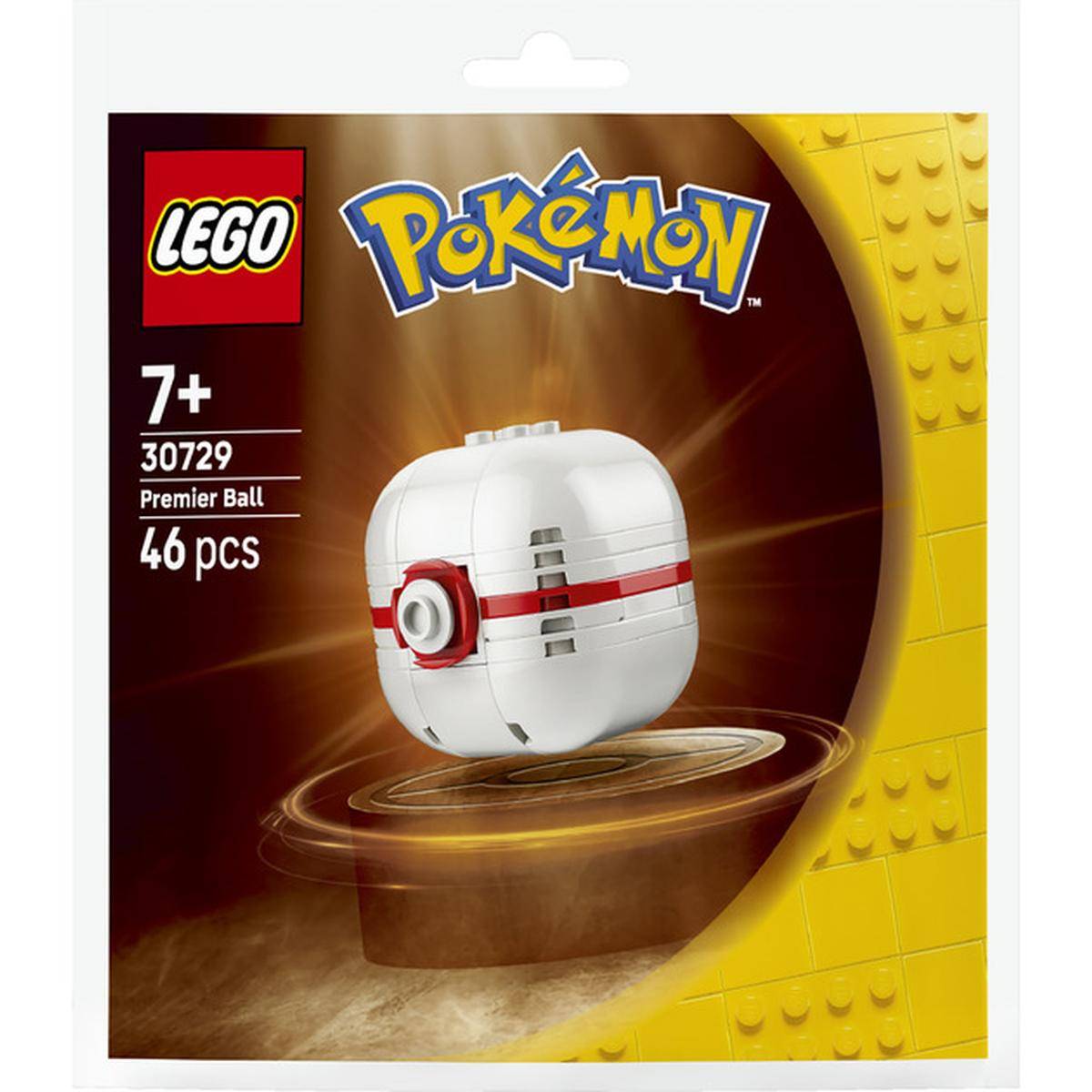 LEGO Pokémon Premier Ball Set-Verpackung, ab 7 Jahren, Set 30729, 46 Teile, mit einem weißen Premier Ball auf der Vorderseite der Box.