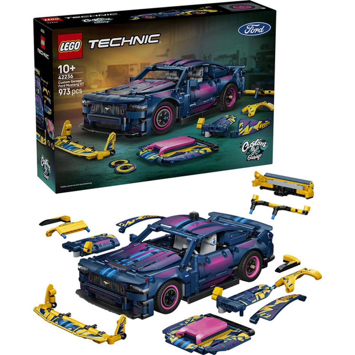 LEGO Technic Ford Custom 1970er-Jahre-Muscle-Car-Set, ab 10 Jahren, 973 Teile, mit Schachtelbild und enthaltenen benutzerdefinierten Karosserie-Kits und Zubehör.