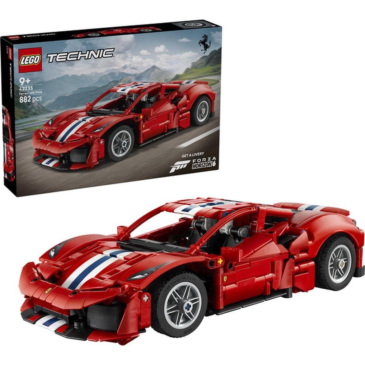 LEGO Technic Ferrari Rennwagen-Set 42235, ab 9 Jahren, 882 Teile, gezeigt mit seiner Verpackung und dem gebauten roten Sportwagen mit Rennstreifen.