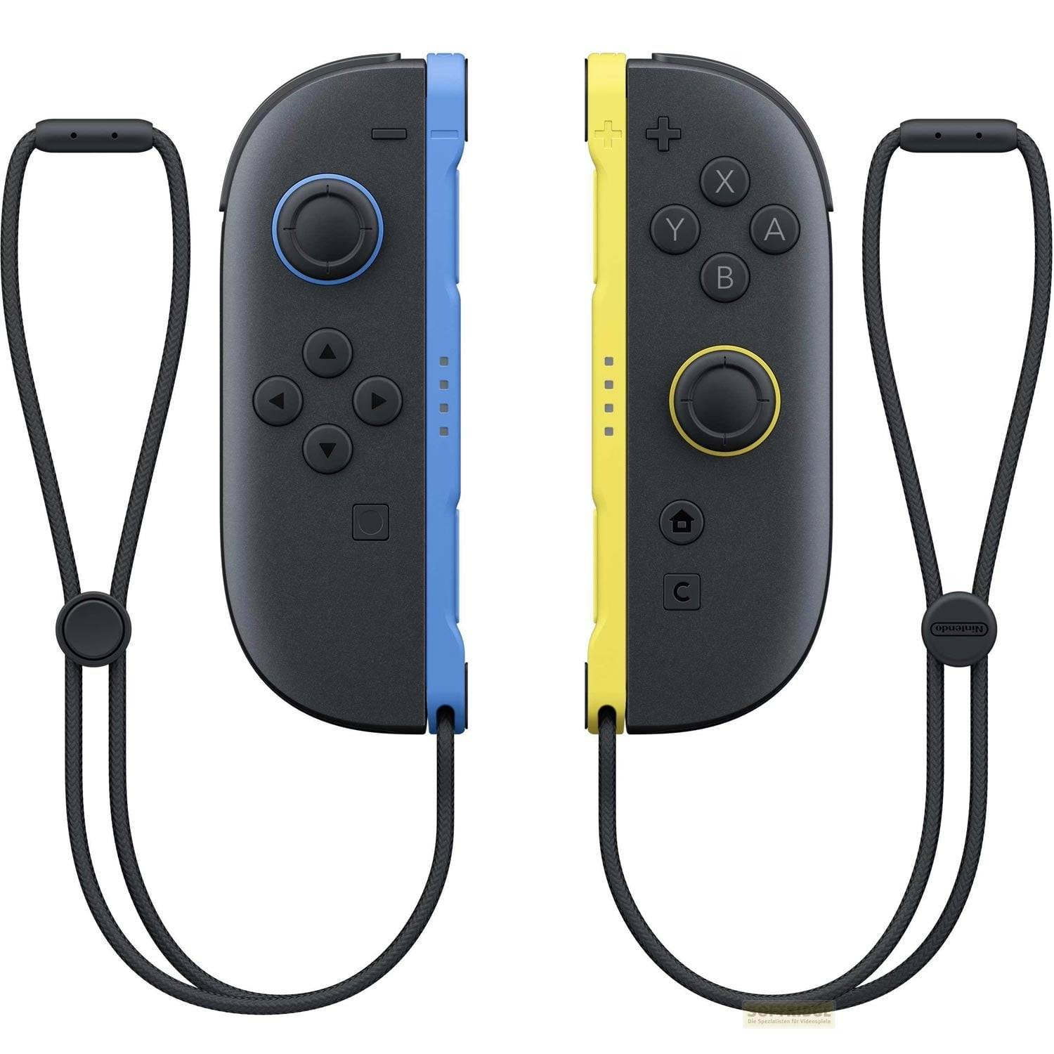 Paar Nintendo Switch Joy-Con-Controller, frontal dargestellt, bestehend aus einem blauen linken Controller und einem gelben rechten Controller, jeweils mit angebrachtem Handgelenkband.