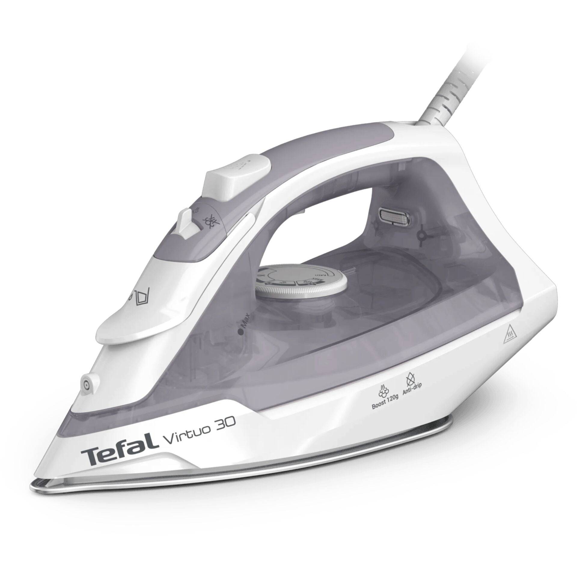 Weiß-grauer Tefal Virtuo 30 Dampfbügeleisen in Dreiviertelperspektive dargestellt, mit sichtbarem transparentem Wassertank und Stromkabel.