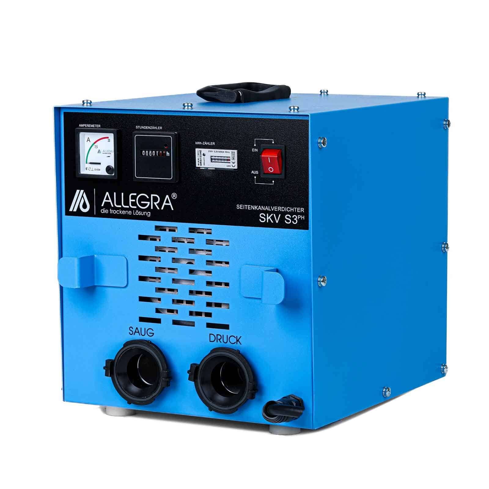 Blaue Allegra SKV S3PH Industriallufteinheit mit Manometern, Schaltern, Belüftungsschlitzen und zwei vorderen Schlauchanschlüssen mit den Bezeichnungen „SAUGE