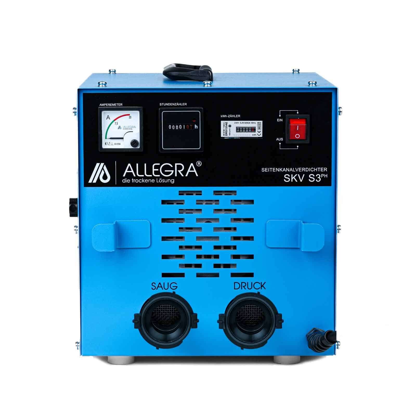 Blauer ALLEGRA Seitenkanal-Kompressor/Vakuumgerät mit Manometer, Messgerät, Schalter und zwei vorderen Schlauchanschlüssen mit den Bezeichnungen „SAUG