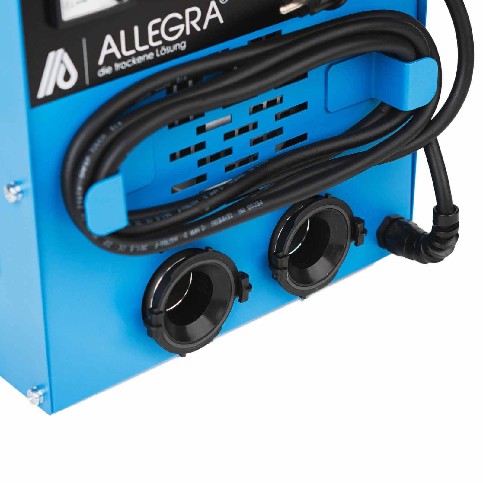 Blaues ALLEGRA-Maschinenpaneel mit Spiralschlauch, Lüftungsschlitzen und zwei runden Schlaußanschlüssen