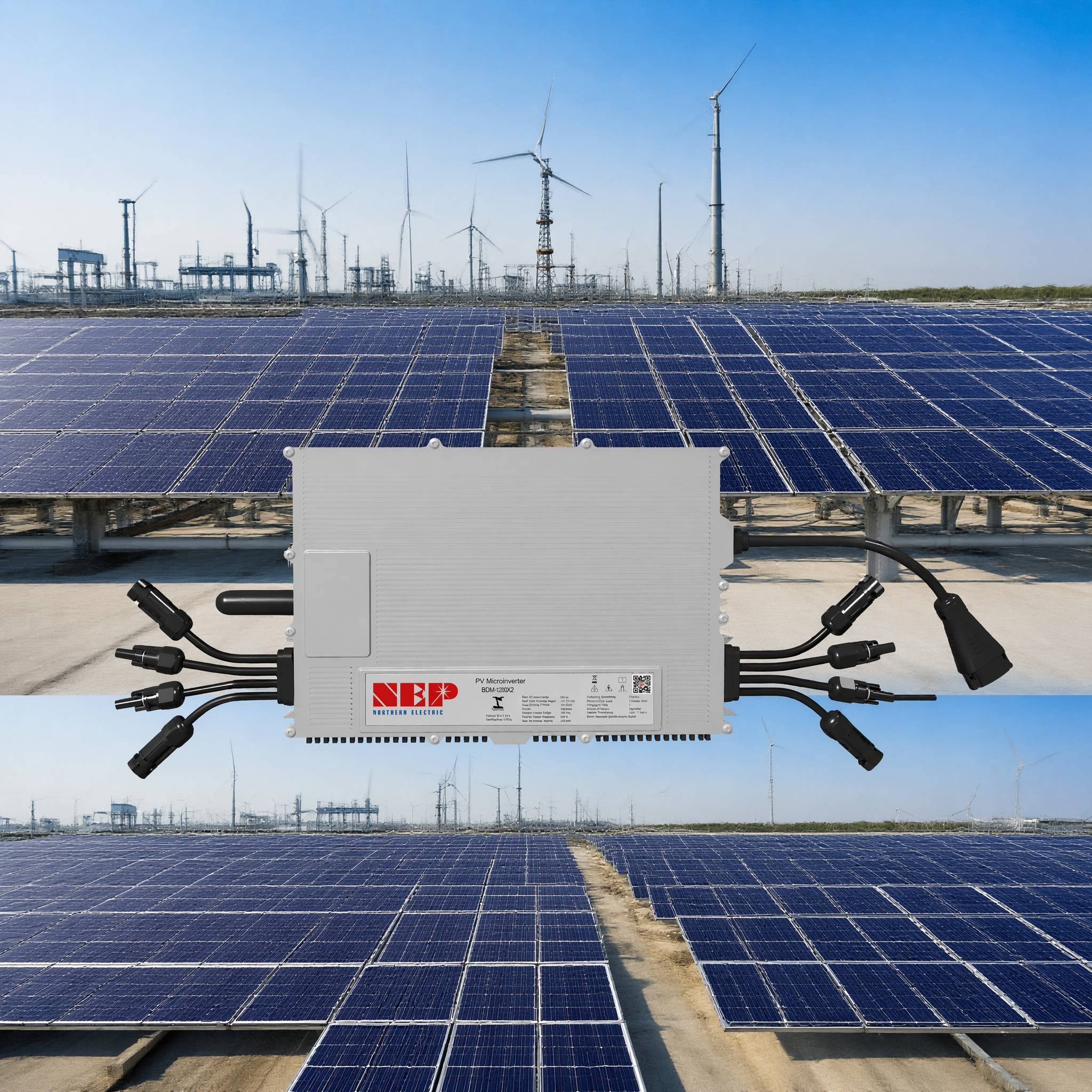 Solar-Stromrichter in der Mitte vor einem großen Solarmodulfeld mit Windkraftanlagen im Hintergrund, was auf die Erzeugung erneuerbarer Energien hindeutet.