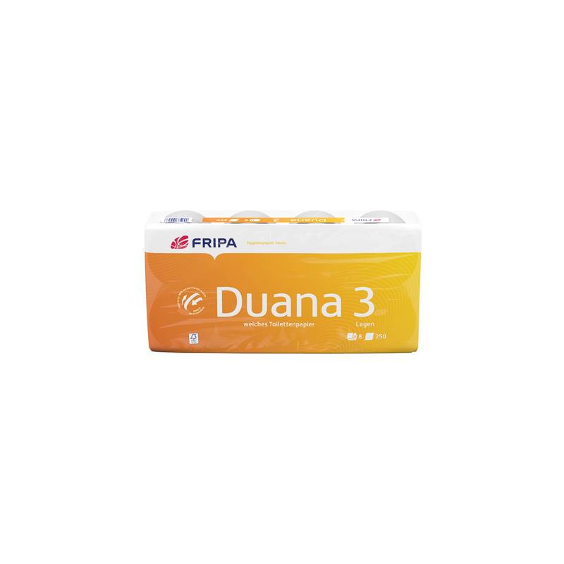 Packung mit FRIPA Duana 3 Toilettenpapierrollen in orange- und gelbem Umschlag auf weißem Hintergrund.