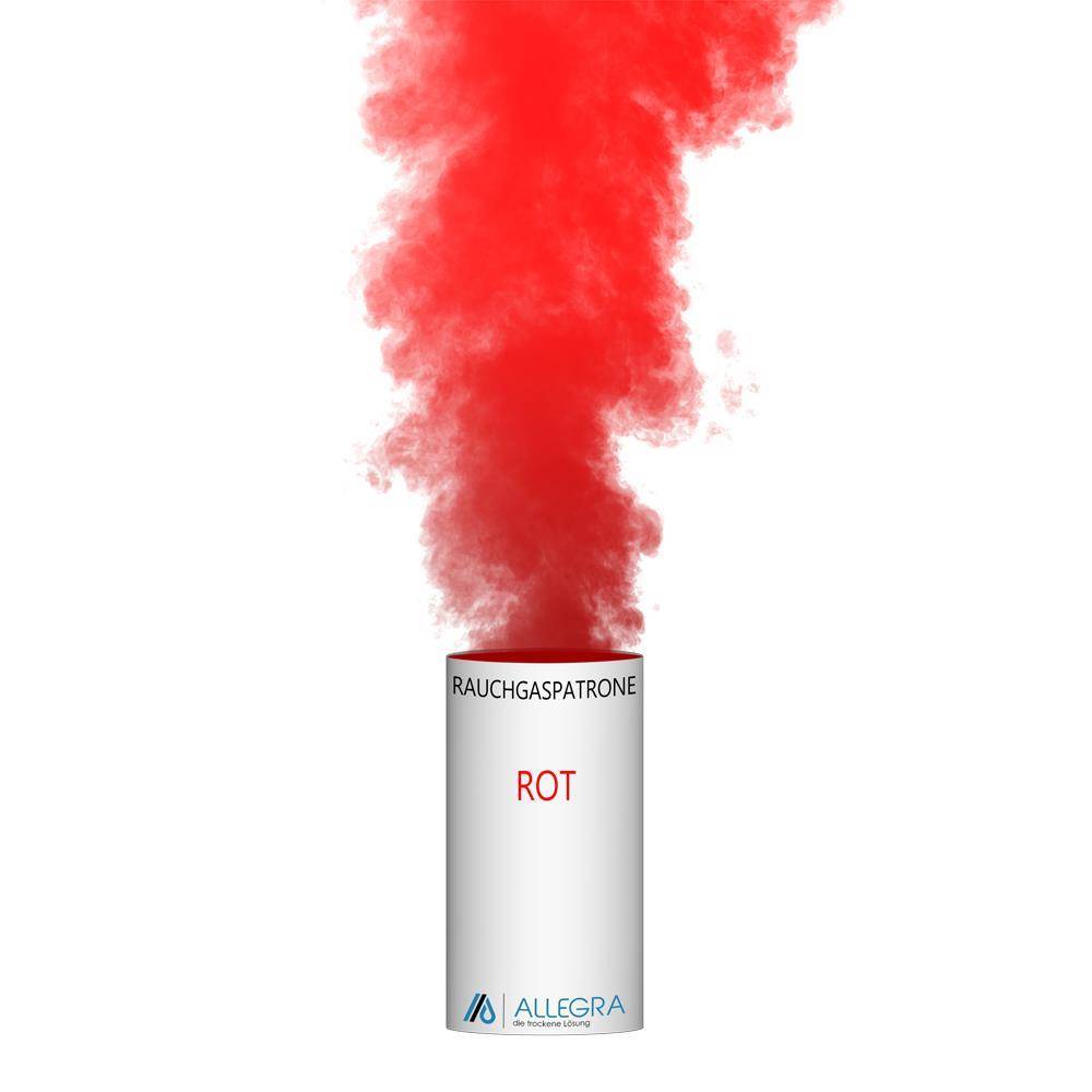 Rote Rauchgranate, die eine dichte rote Rauchfahne ausstößt, auf einer weißen Dose mit den Aufschriften „RAUCHGASPATRONE
