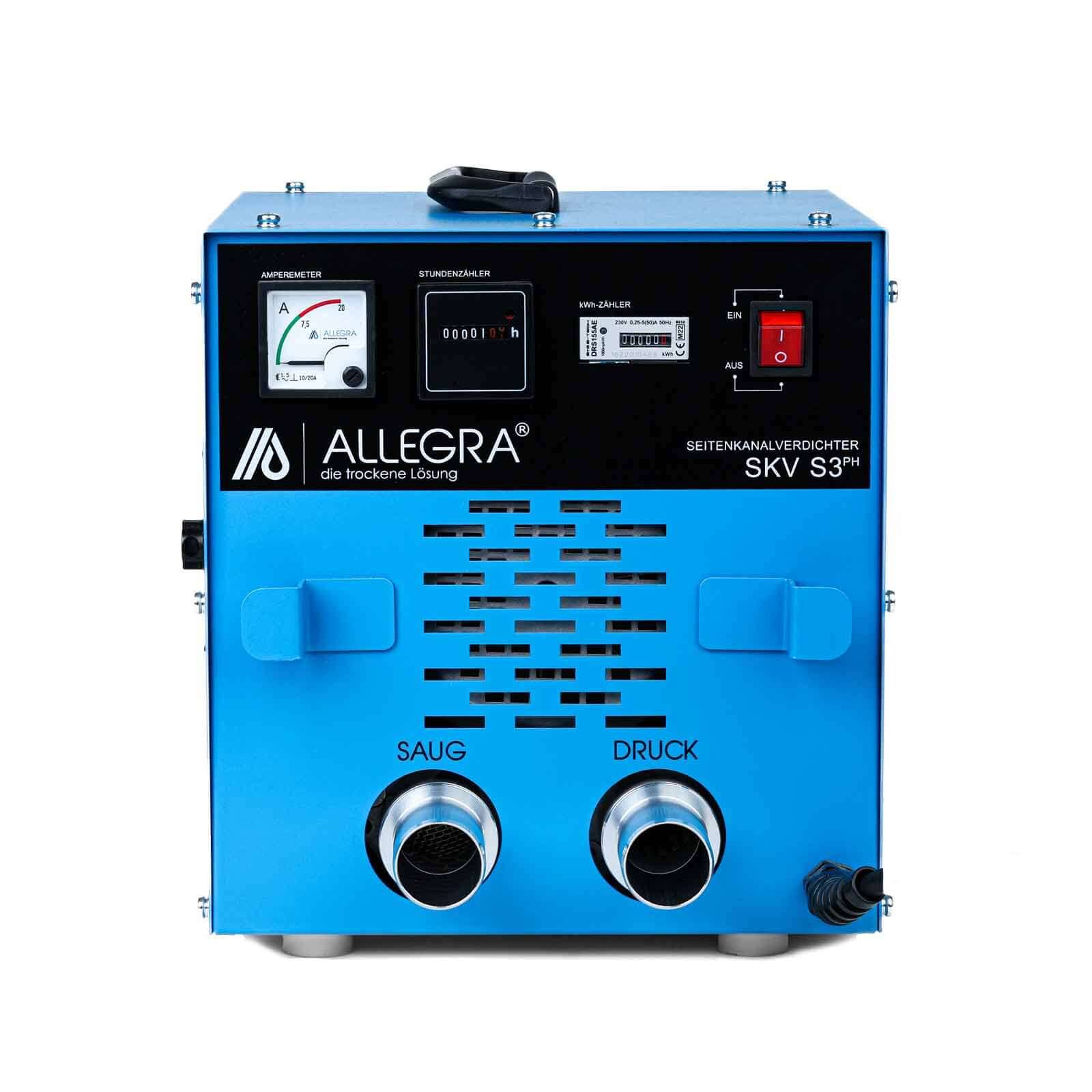 Blaue ALLEGRA SKV S3P Seitenkanalvakuumpumpe mit Frontmessgerät, Messgerät, Stromschalter sowie Saug- und Druckanschlüssen.