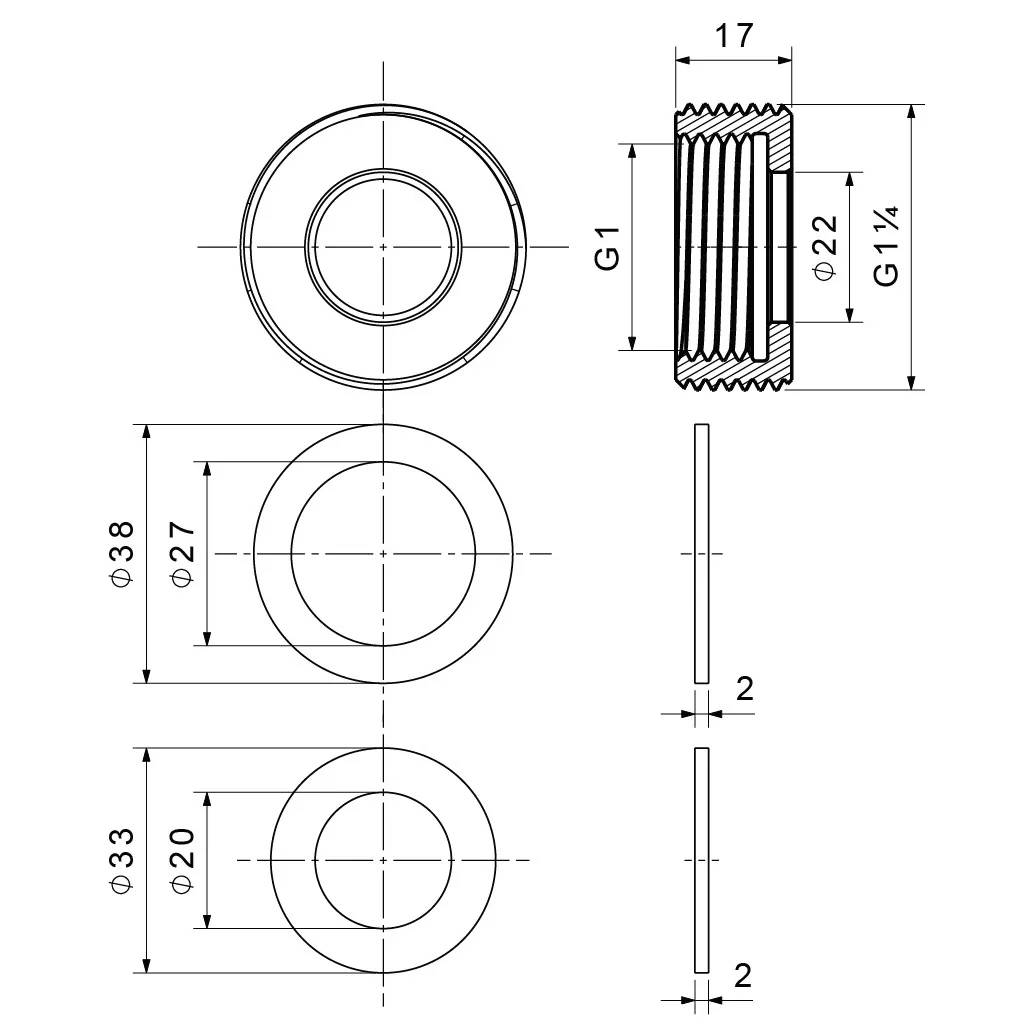 Technische Zeichnung einer Gewinderohrverbindungsadapter, dargestellt in Vorder- und Seitenansicht mit Abmessungen: G1 und G1¼ Gewinde, 17 mm Länge, 22 mm Innendurchmesser und weitere Durchmesser.