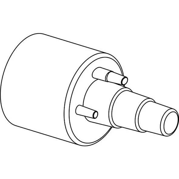 Linienzeichnung eines zylindrischen mechanischen Verbinders mit einer gestuften Welle und drei vorstehenden Stiften auf einfachem Hintergrund.