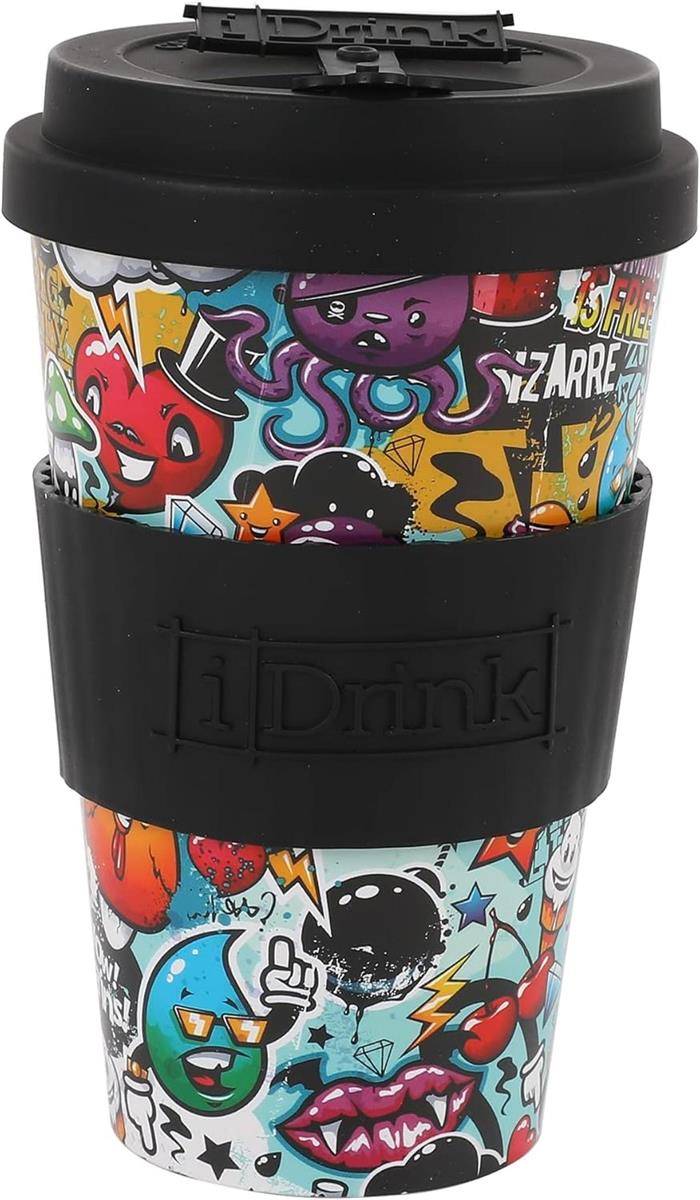 Wiederverwendbarer Reisebecher mit schwarzem Deckel und Ärmel, verziert mit bunten Cartoon-Graffiti-Illustrationen und dem Wort „iDrink