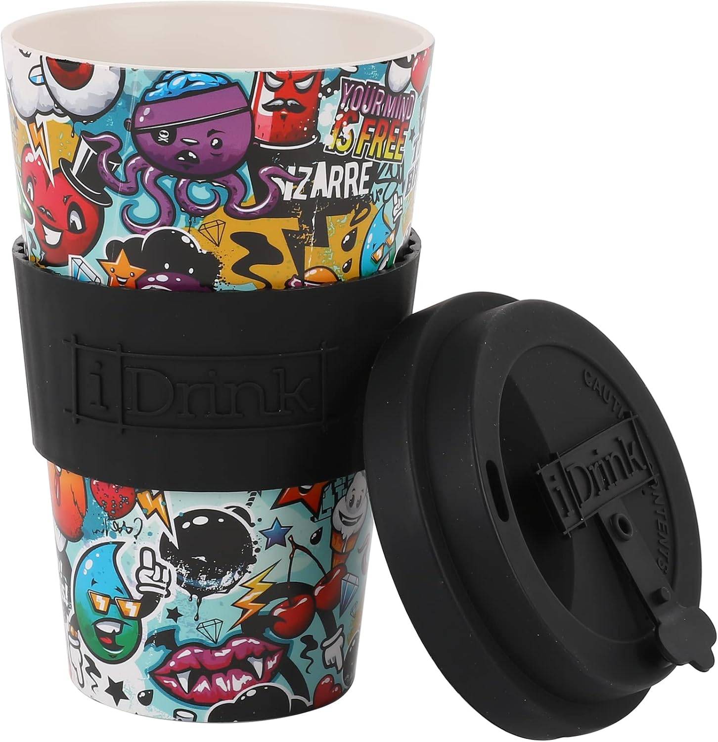 Wiederverwendbarer iDrink Becher mit farbenfrohem Graffiti-Stil-Druck, schwarzer Manschette und passendem schwarzem Deckel, daneben abgebildet.