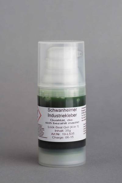 Ein halbtransparenter grün-weißer Industrie-Klebebehälter mit transparentem Deckel, beschriftet mit „Schwanheimer Industriekleber