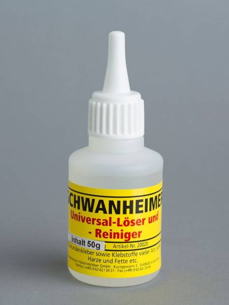 Kleine transparente Kunststoffflasche mit weißer Pipettenkappе und gelbem Etikett mit der Aufschrift „SCHWANHEIMER Universal-Löser und -Reiniger