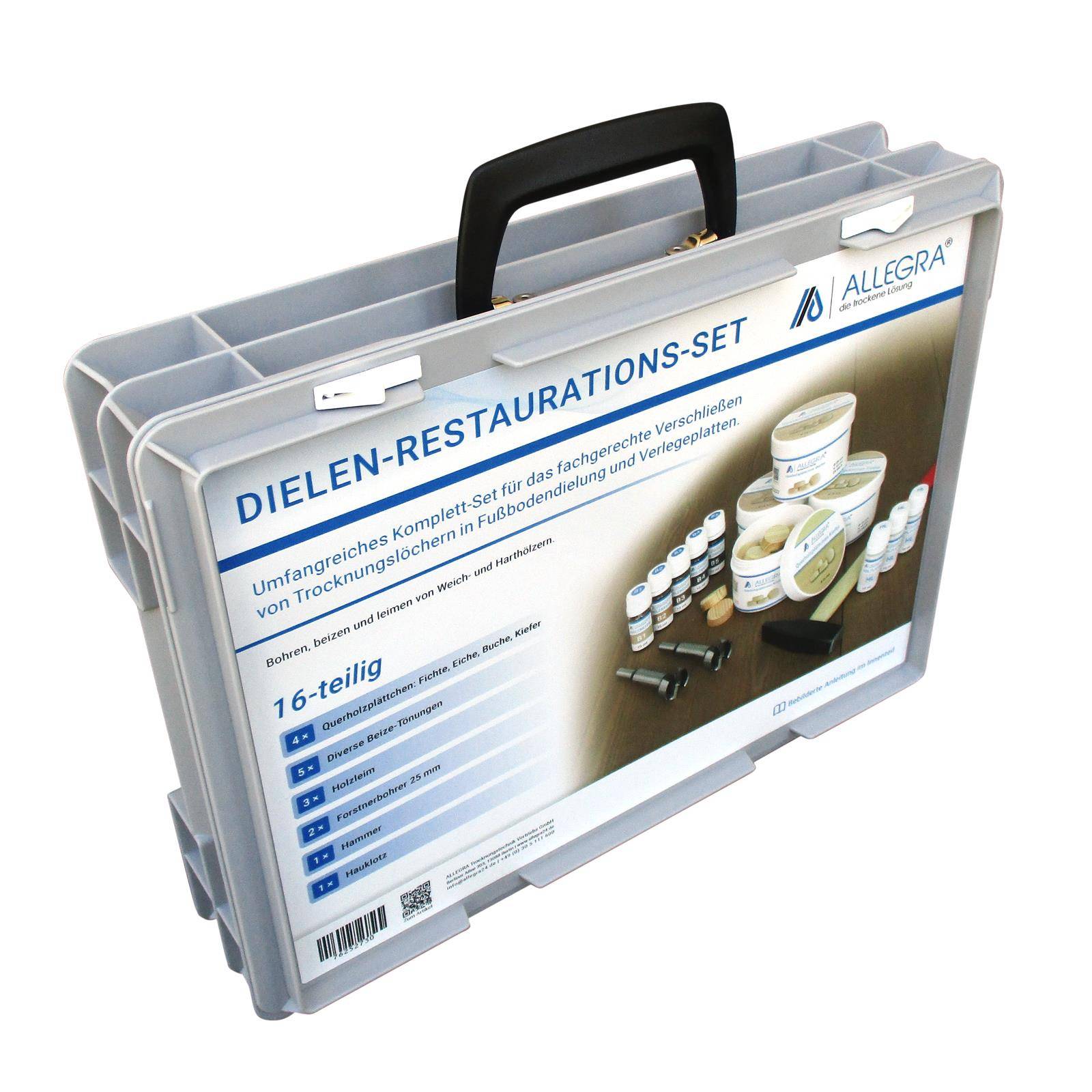 Grauer Kunststoff-Transportkoffer mit Etikett „DIELEN-RESTAURATIONS-SET