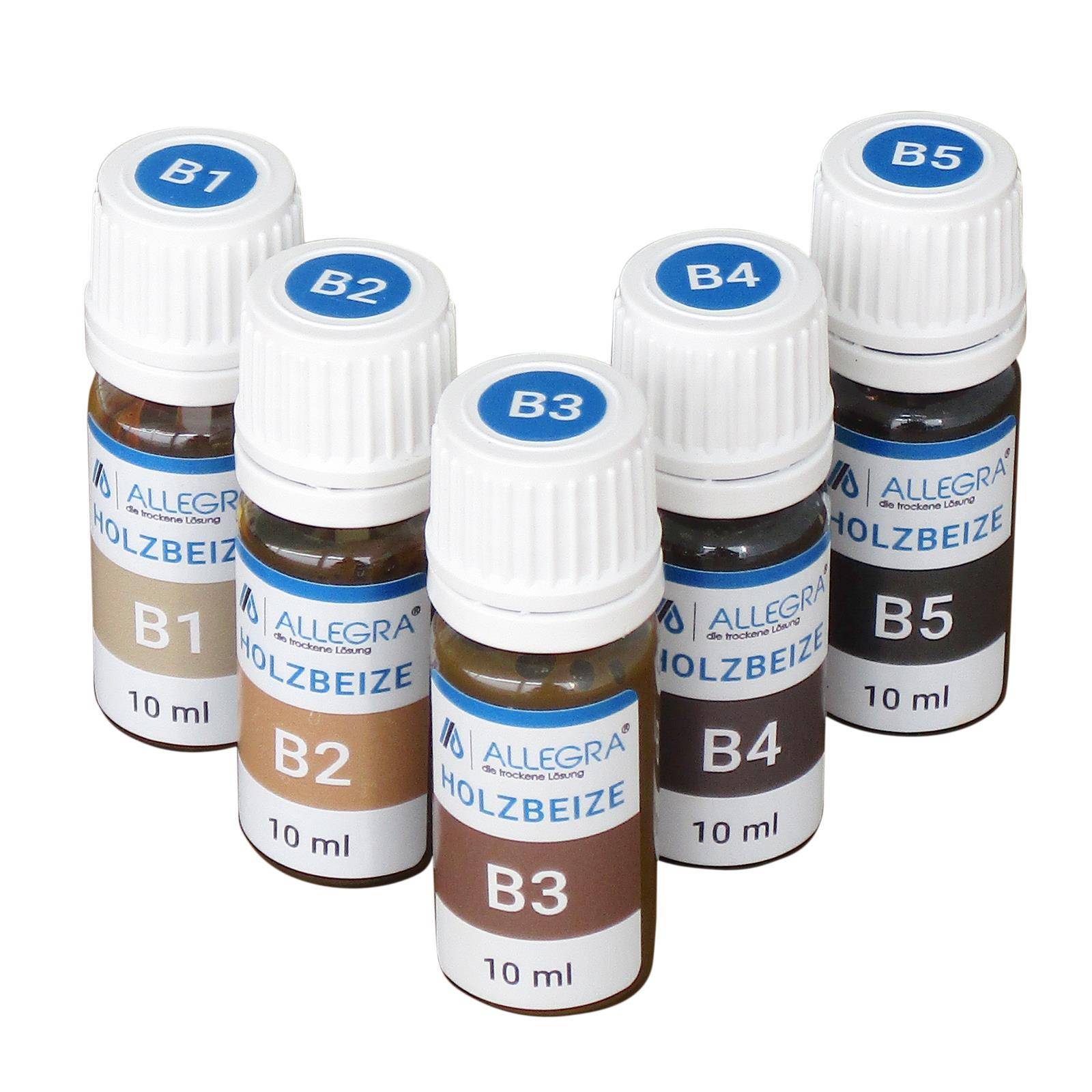 Fünf kleine 10-ml-Flaschencontainer mit den Bezeichnungen B1, B2, B3, B4 und B5 von Allegra Holzbeize Holzfleck, in einer Reihe auf weißem Hintergrund angeordnet.