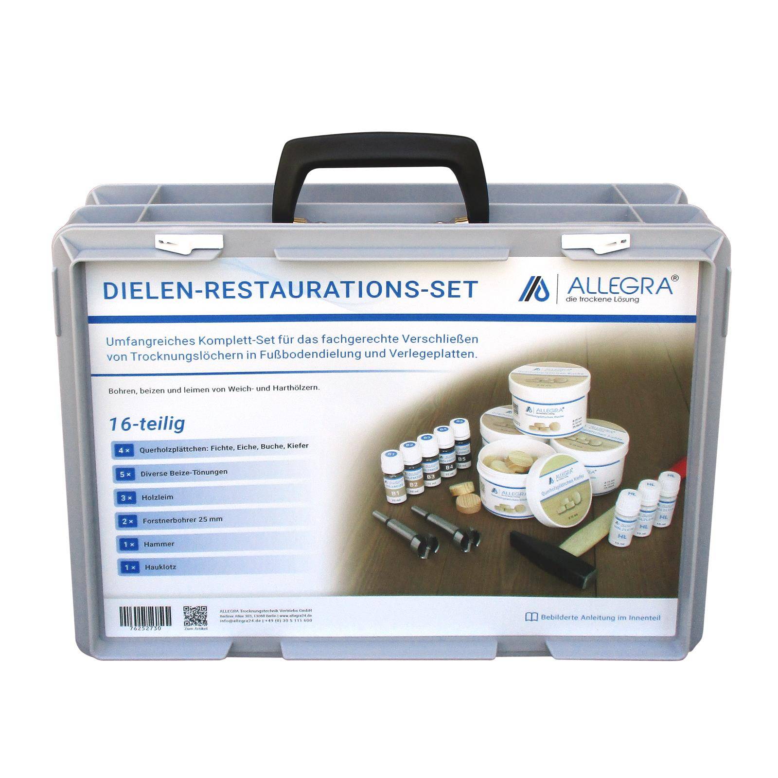 Ein grauer Transportkoffer mit der Bezeichnung „DIELEN-RESTAURATIONS-SET" von AllegrA, der ein 16-teiliges Bodenreparatur-Set mit Behältern und Werkzeugen zur Reparatur von Holzböden zeigt.