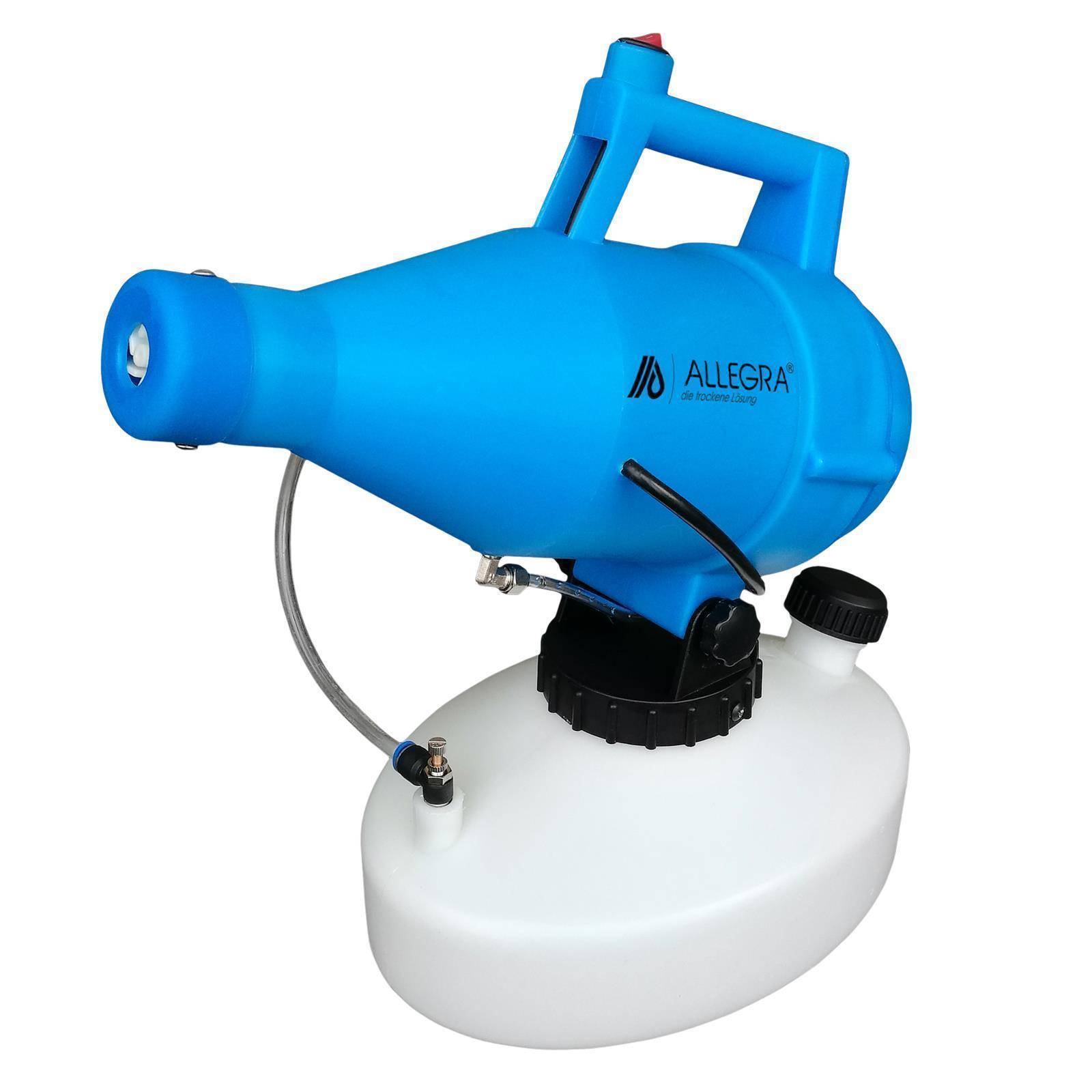 Tragbarer Blue Allegra Sprühnebelspender mit weißem Lösungsbehälter und Griff, shown in profile auf weißem Hintergrund.