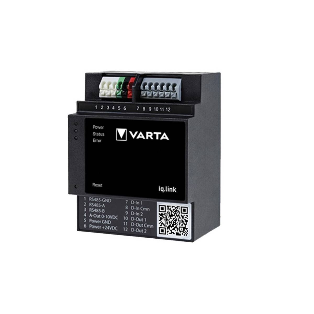 VARTA iq.link Industriekommunikationsmodul mit nummerierten Anschllussklemmen, Statusleuchten und QR-Code auf weißem Hintergrund.