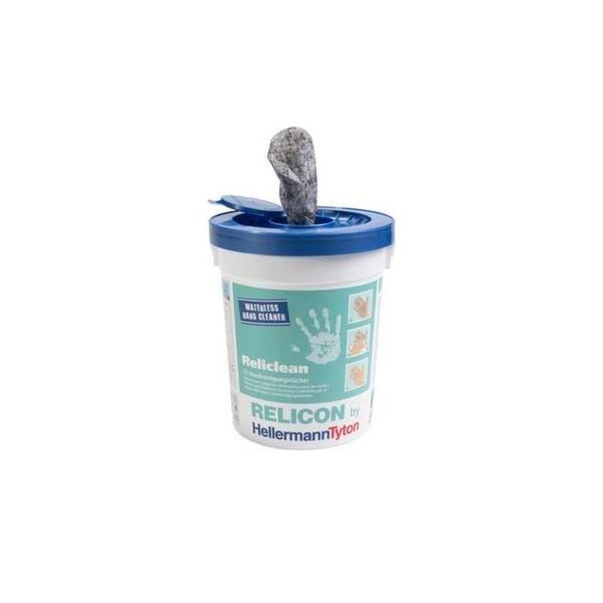 Ein Eimer mit wasserloser Handreiniger mit blauem Deckel und einem dunklen Reinigungstuch, das oben herausragt.