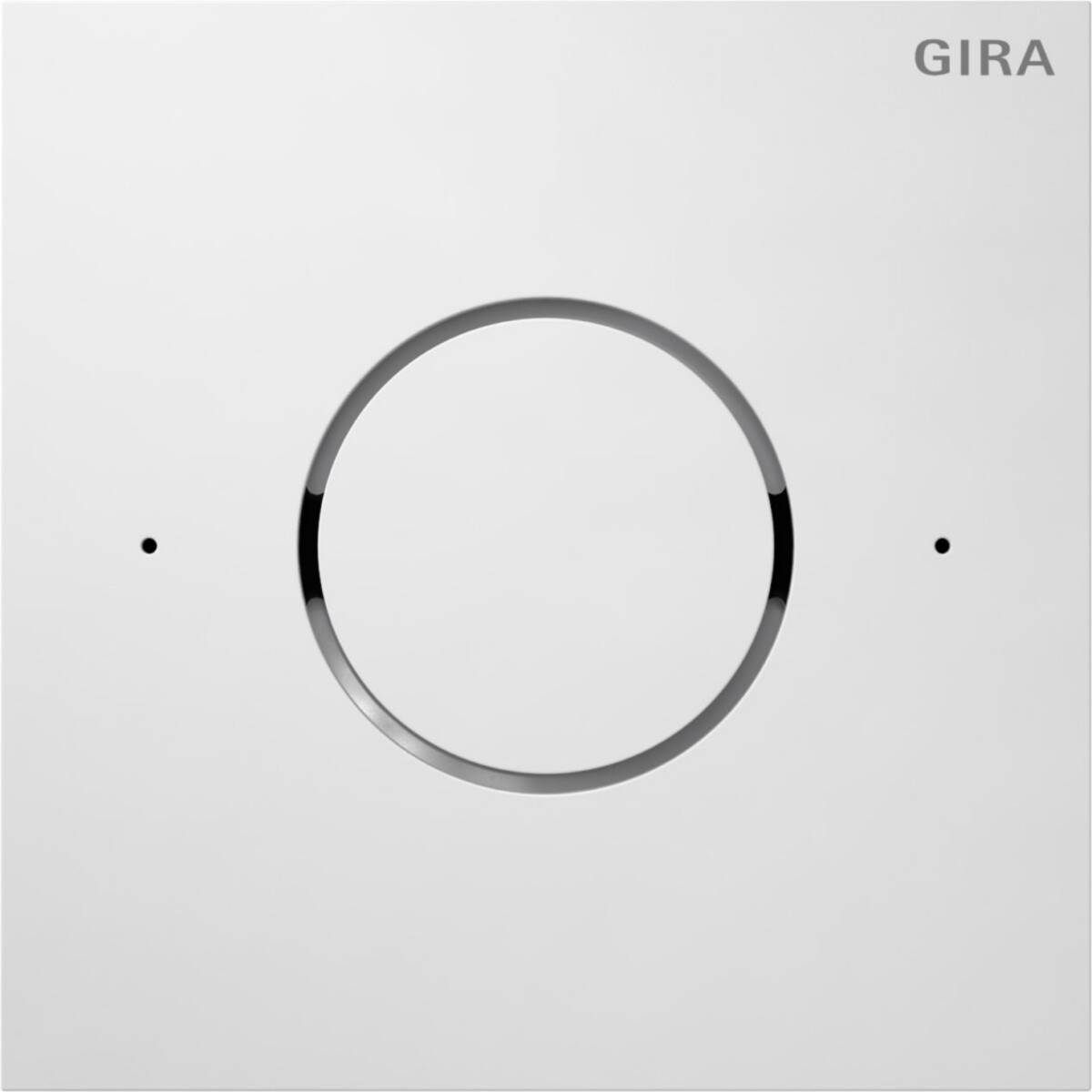 Minimales weißes GIRA Wandkontrollpanel mit einem großen runden Ringknopf und zwei kleinen Indikatorbläschen auf beiden Seiten.
