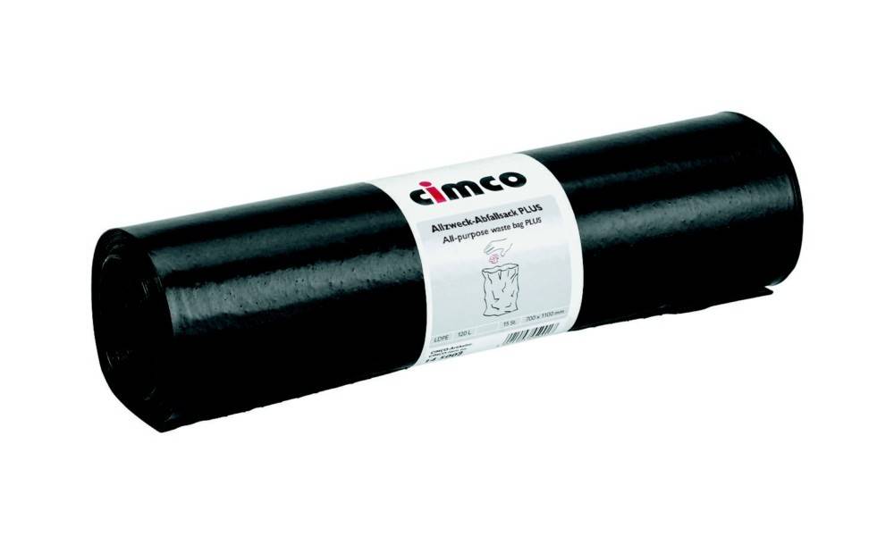 Schwarze zylindrische Rolle aus Kunststoffschlauch oder Rohrverpackung mit einem weißen Cimco-Etikett auf weißem Hintergrund.