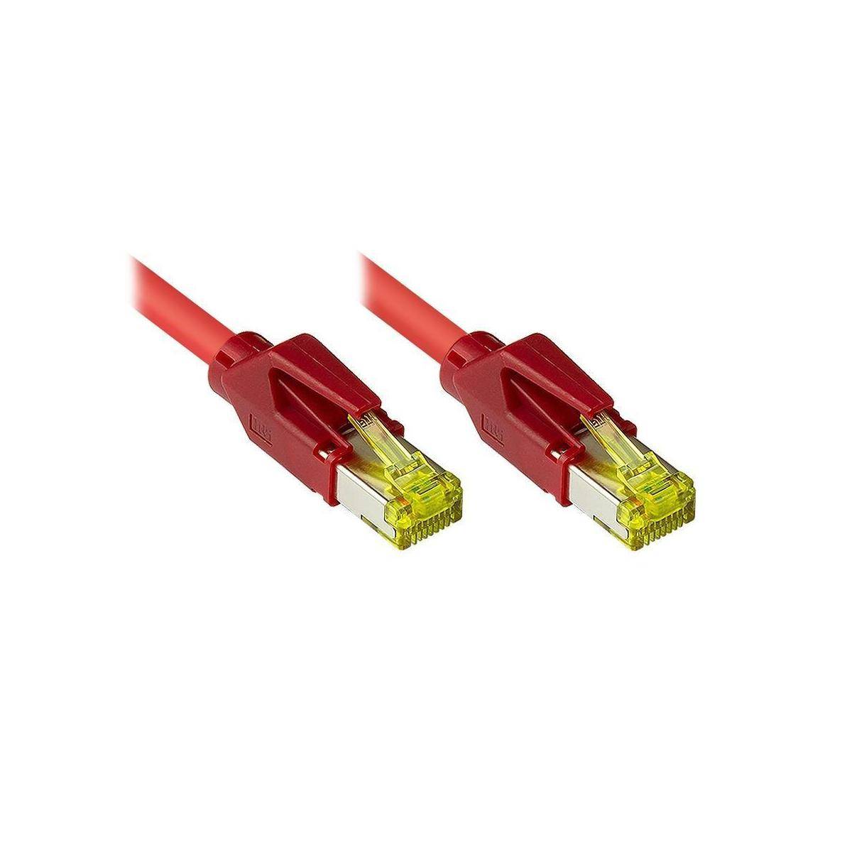 Zwei rote Ethernet-Netzwerkkabel mit durchsichtigen gelben RJ45-Steckern auf weißem Hintergrund.