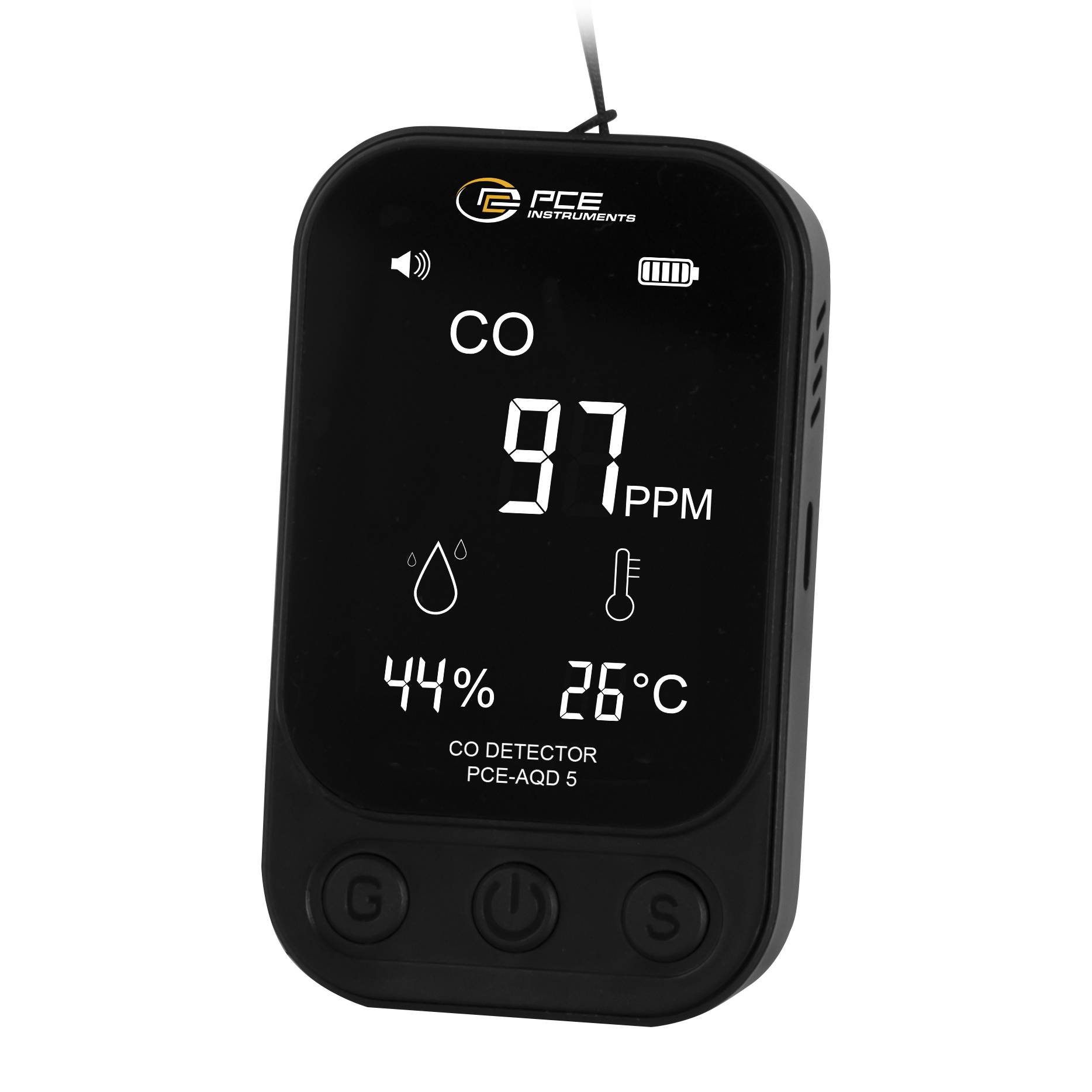 Tragbarer digitaler CO-Detektor mit Anzeige von 97 PPM, 44% Luftfeuchte und 26°C.