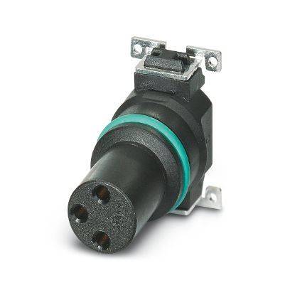 Schwarzer kreisförmiger dreipoliger Elektrostecker mit Metallmontageklammer und grünem Dichtungsring auf weißem Hintergrund.